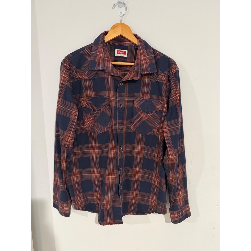 Wrangler Mens Plaid Western Button Down Shirt Navy Blue Rust Orange Large